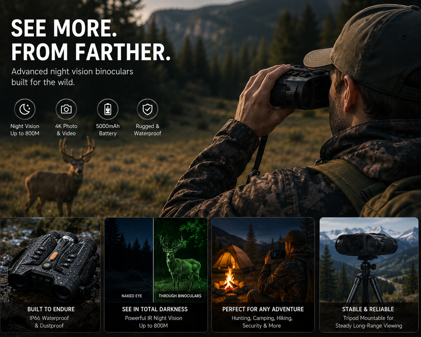 Night Vision Binoculars – 4K Digital, 800m Range, 10X Zoom