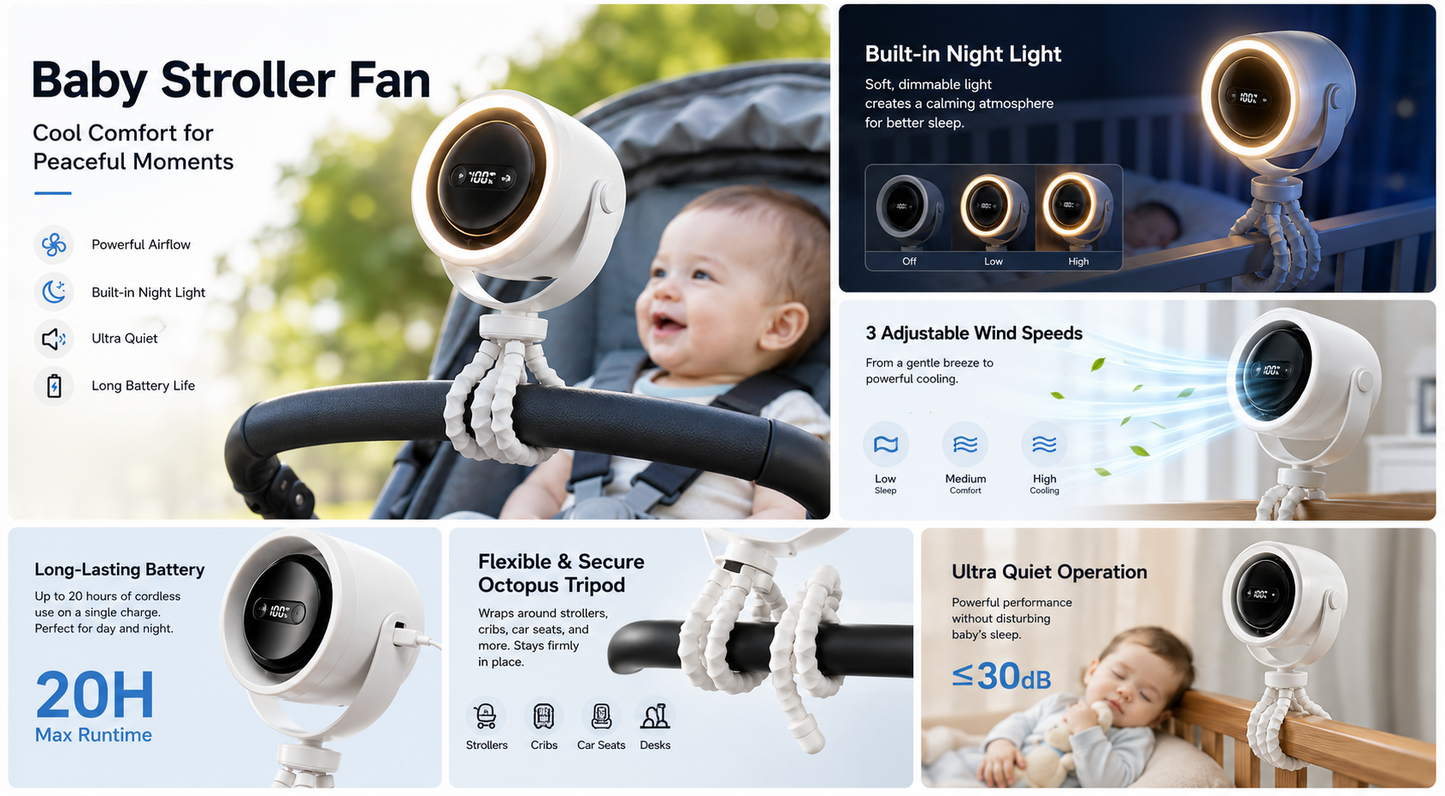 Baby Stroller Fan – LED Night Light & Aromatherapy
