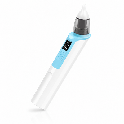 White and blue electric baby nasal aspirator with silicone nose tip and LED display