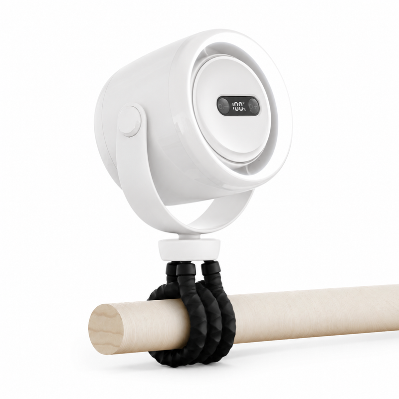 White portable baby stroller fan with LED ring light and flexible tripod on white background