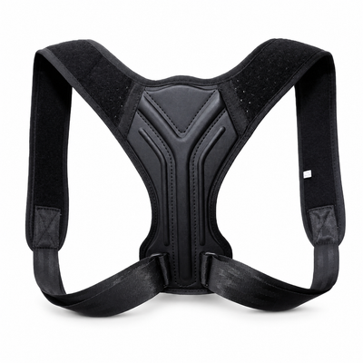 Black posture corrector back brace on white background