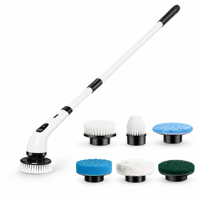 Cordless power spin scrubber with six interchangeable cleaning pad attachments on white