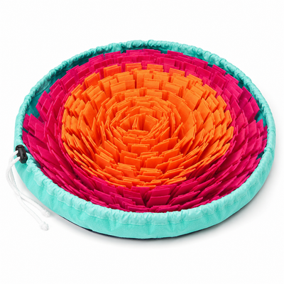 Colorful dog snuffle mat foraging toy on white background