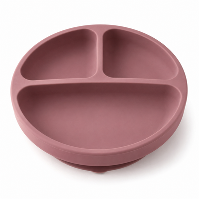 Mauve 3-compartment silicone suction baby plate on white background