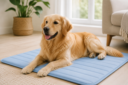 Golden retriever licking orange silicone lick mat