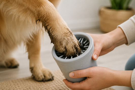 Muddy dog paw being cleaned in grey silicone paw cleaner cup