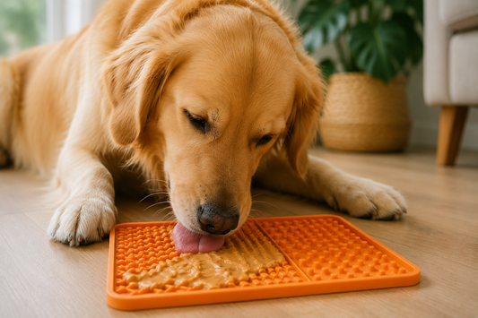 Golden retriever lying on blue cooling mat indoors