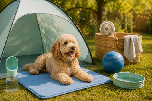 Flat lay of pet products on white surface