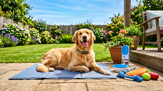 Golden retriever relaxing on a cooling mat on a sunny patio with summer pet essentials