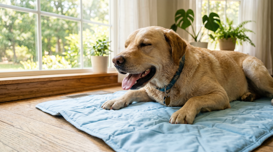 Dog cooling down on a pet mat indoors on a hot summer day