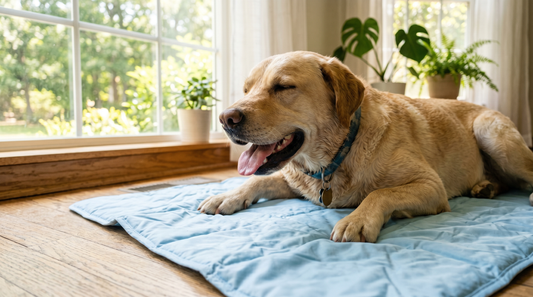 Dog cooling down on a pet mat indoors on a hot summer day