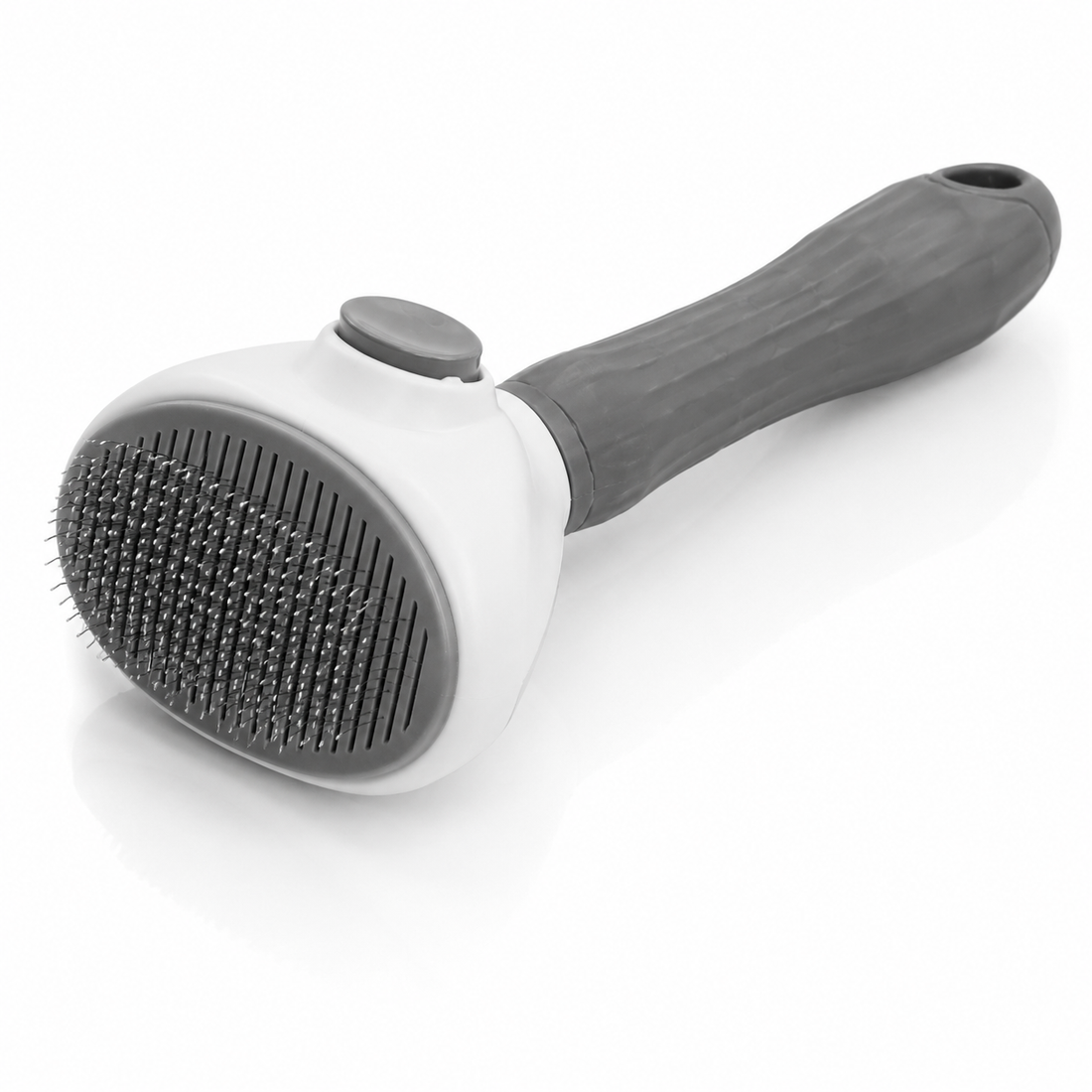 Self-cleaning slicker brush with wire bristles, used for removing loose undercoat