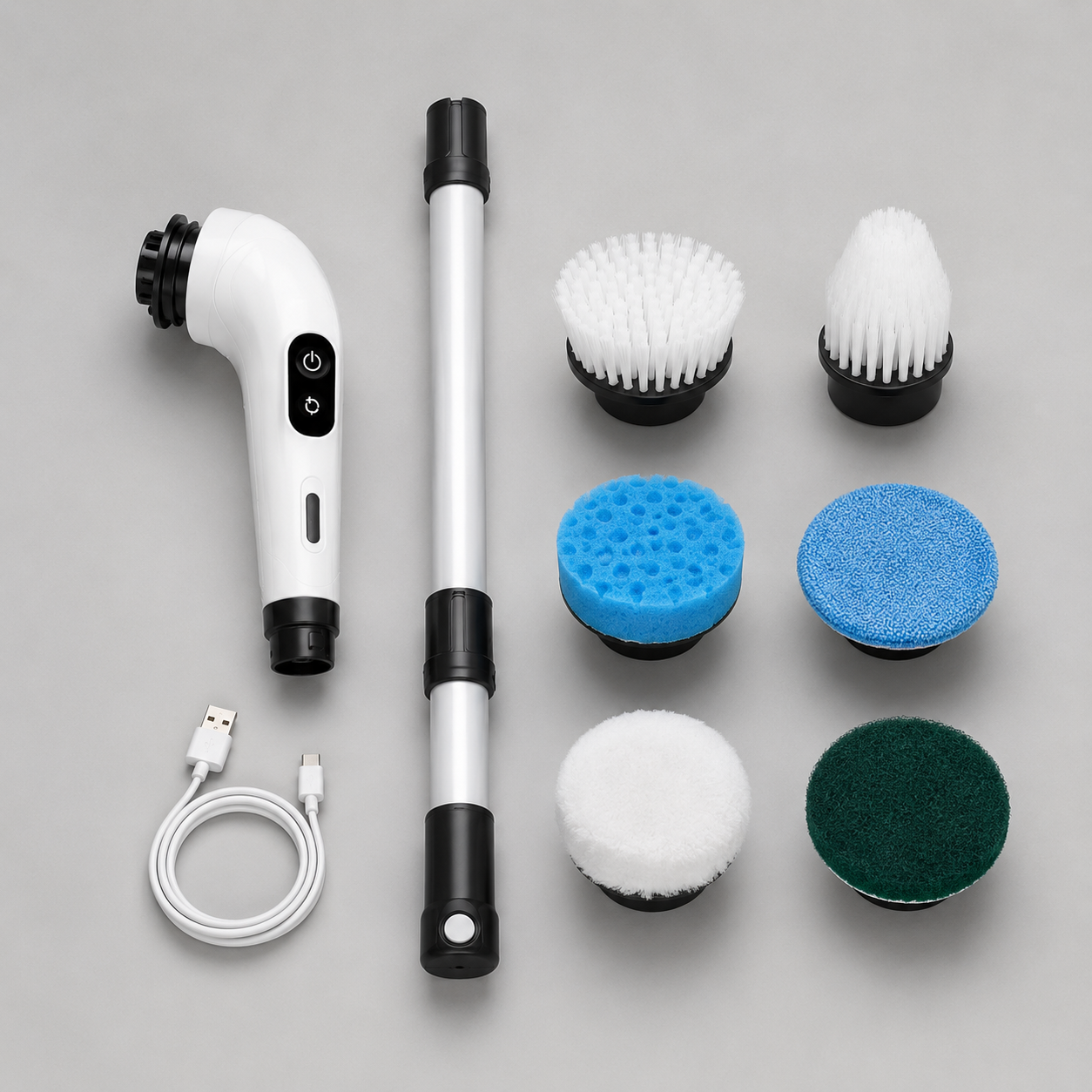 Cordless power spin scrubber kit with USB cable and interchangeable heads, representing Sowth's rechargeable gadgets