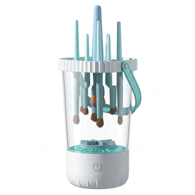 Automatic makeup brush cleaner and dryer with a transparent body on a white background