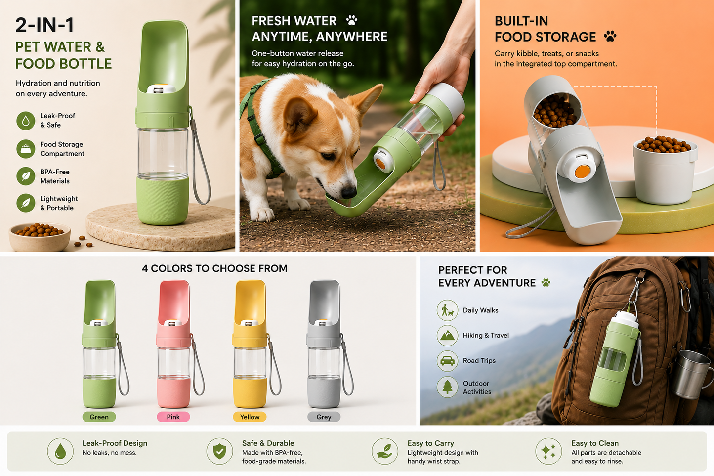 2-in-1 Dog Water Bottle with Food Container