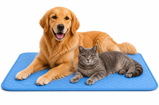 A dog and cat resting on the ice-silk self-cooling pet mat