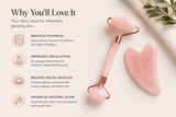 Infographic showing the facial roller and gua sha set features