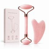 Pink facial massage roller and gua sha set