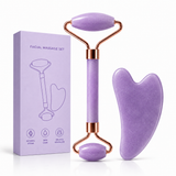 Purple facial massage roller and gua sha set