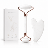 White facial massage roller and gua sha set