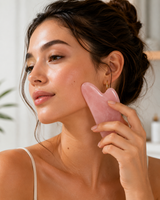 A person using the facial massage roller and gua sha set
