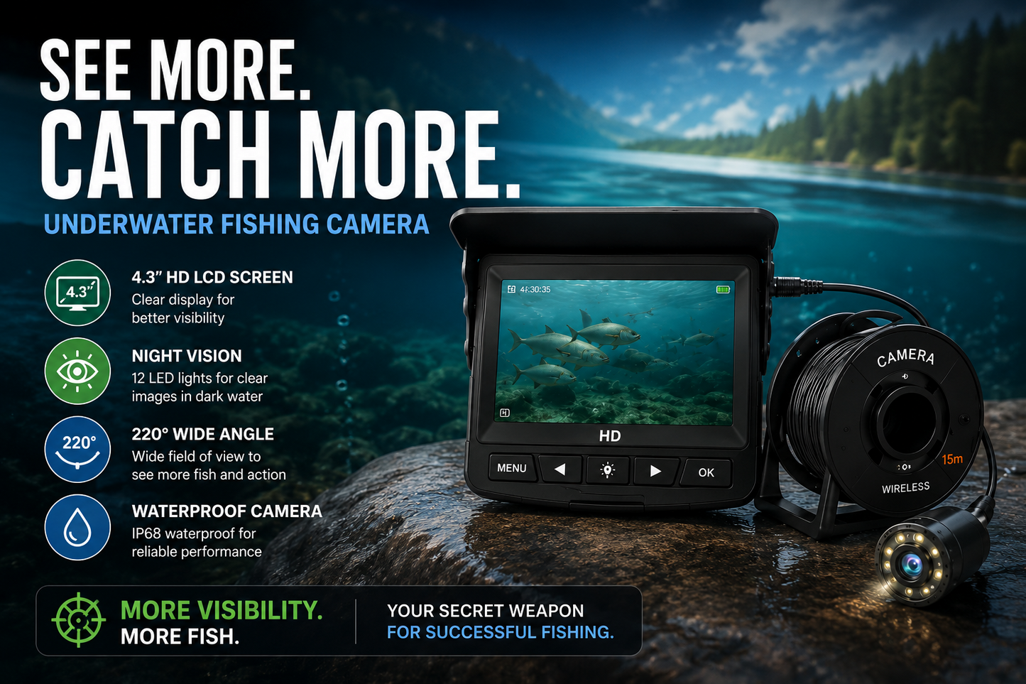 Underwater fishing camera kit with LCD monitor and reel-mounted cable