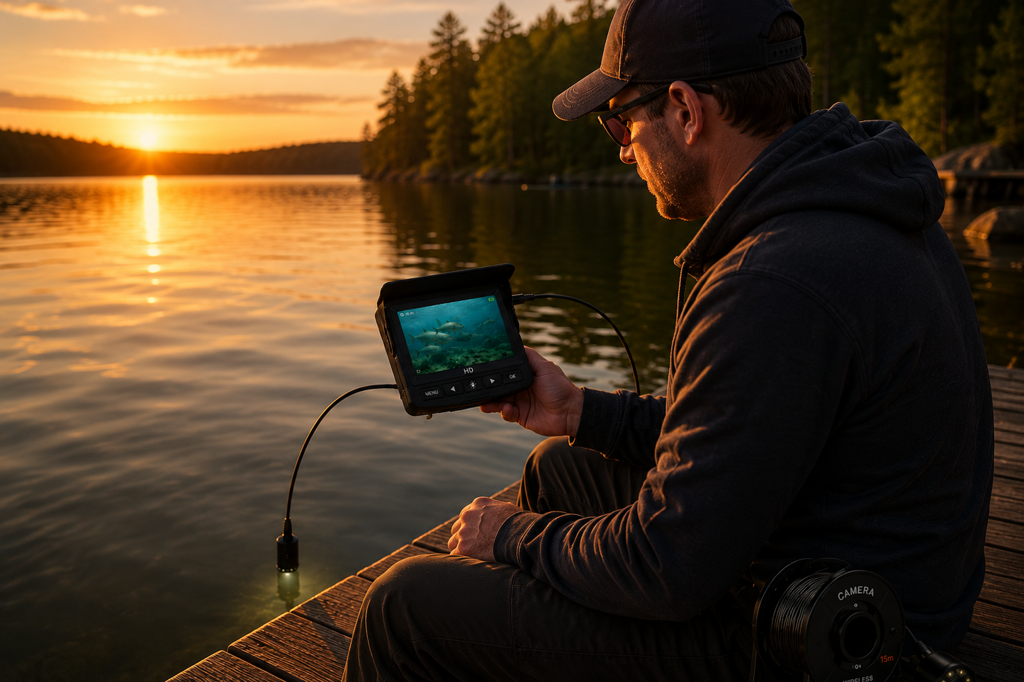 Fishing with the underwater camera lowered beneath the surface