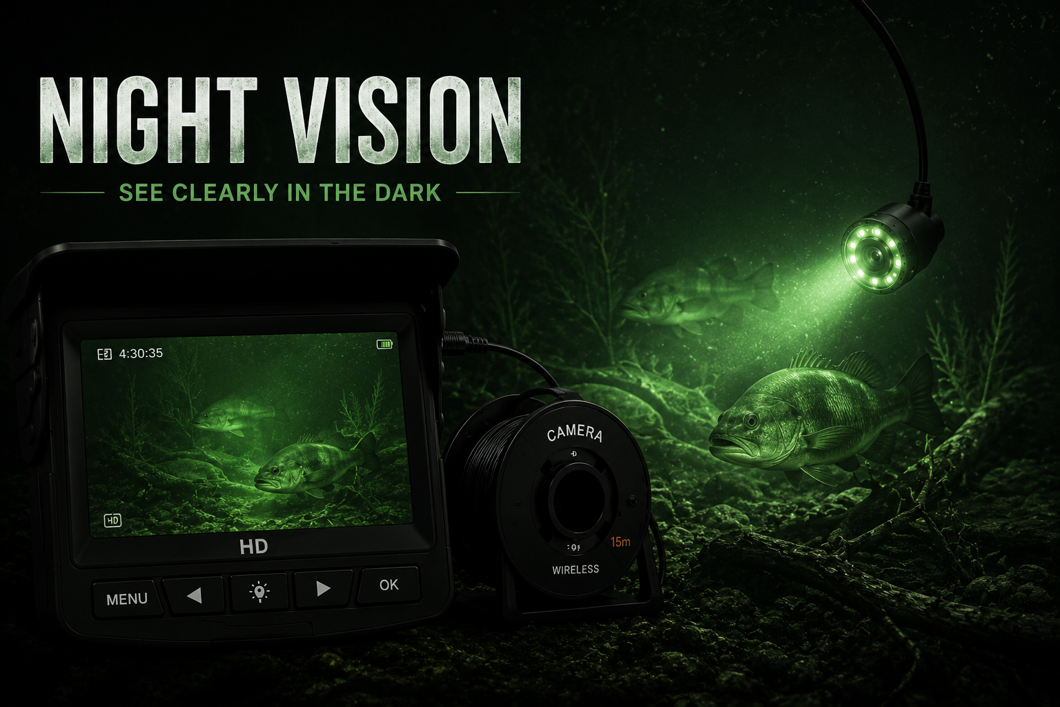 Underwater fishing camera night-vision view in dark water