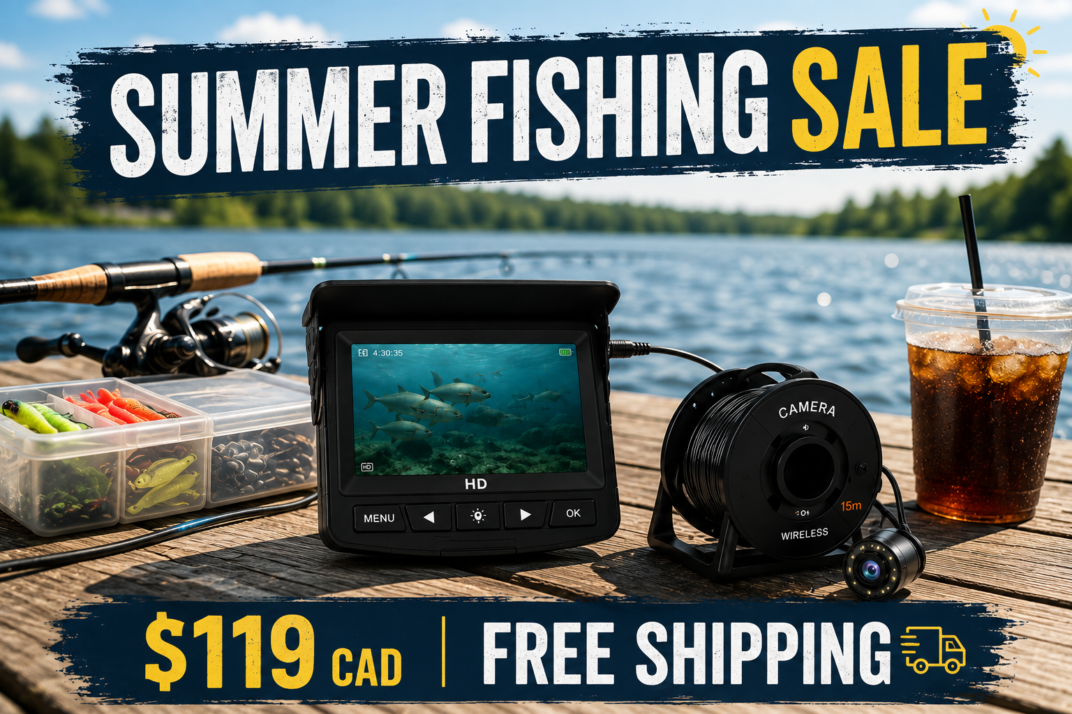 Underwater fishing camera for summer dock, boat, and shore fishing
