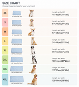 Self-cooling pet mat size chart from S to 4XL with dimensions