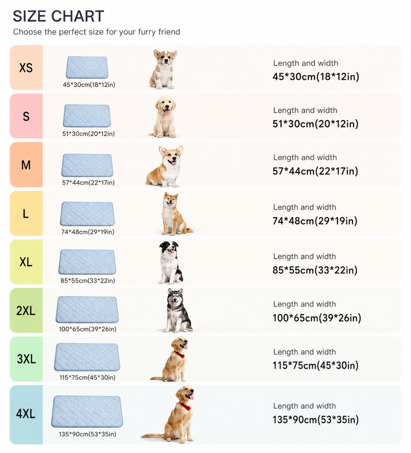 Cooling mat size chart