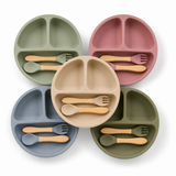 Silicone baby feeding plate shown in all five colours - sage green, dusty pink, beige, grey-blue and olive