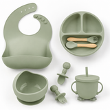 Complete silicone baby feeding set in sage green - bib, divided suction plate, bowl, sippy cup and utensils