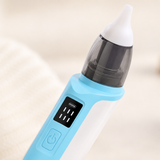 Close-up of the baby nasal aspirator silicone nose tip, LED display and power button