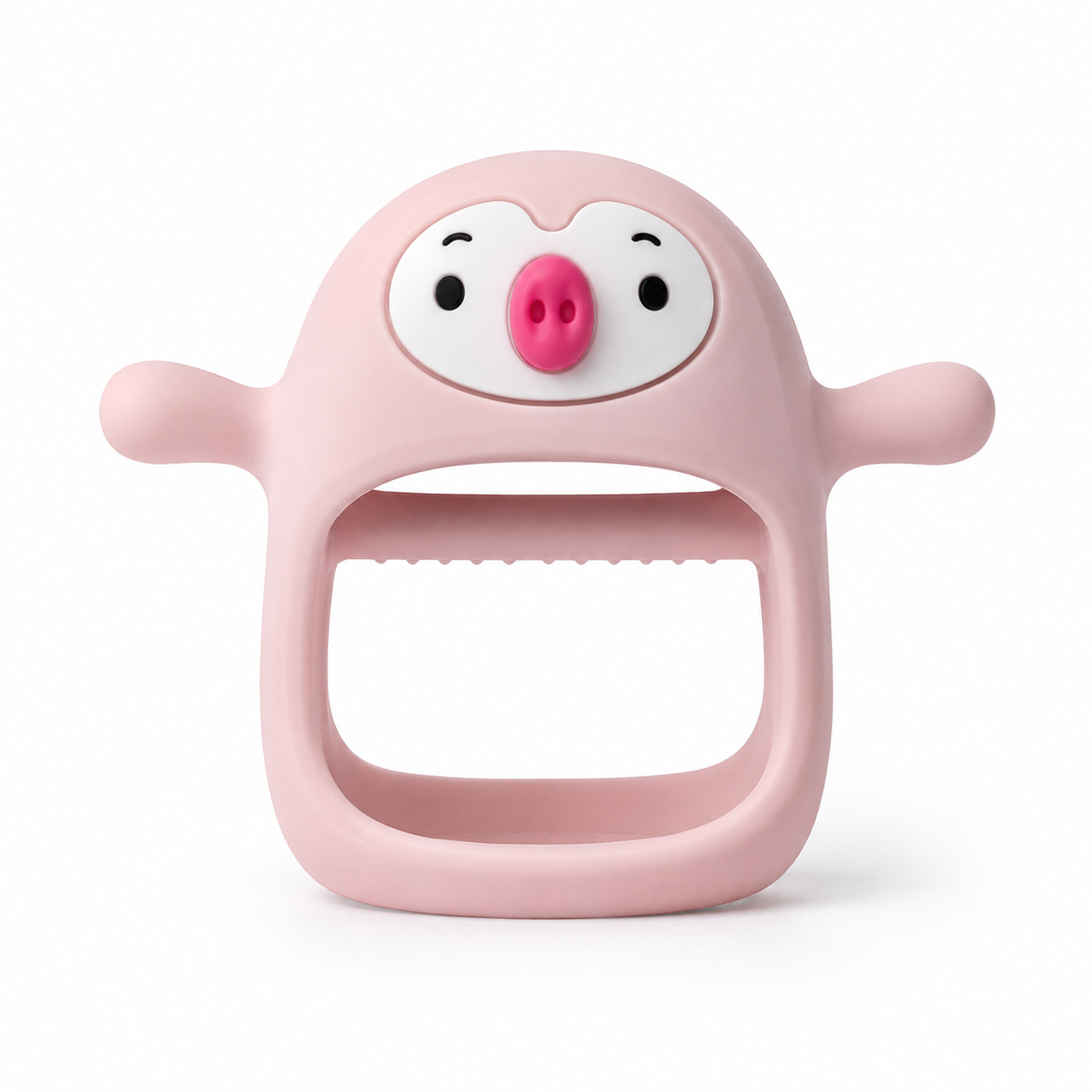 Never-Drop Silicone Baby Teether - Pink pig design on white background