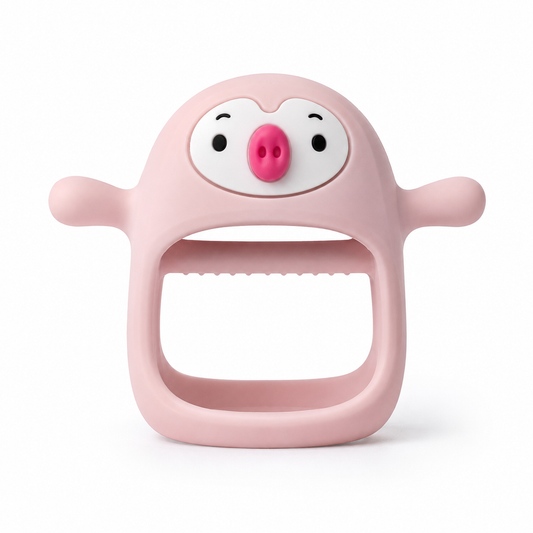 Never-Drop Silicone Baby Teether - Pink pig design on white background