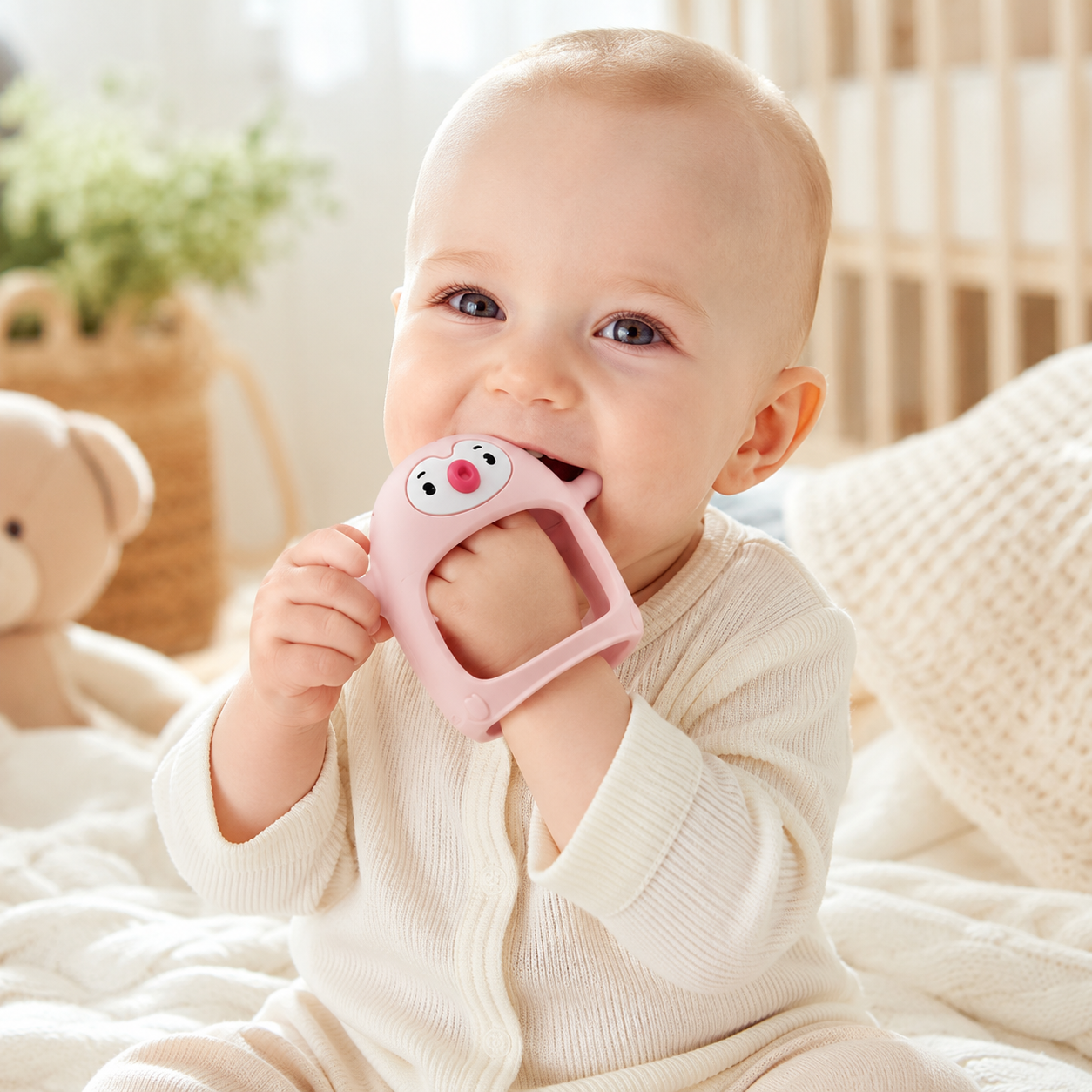 Baby happily using the Never-Drop Silicone Teether in nursery
