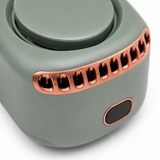 Close-up of the bladeless fan's top air vents and digital battery display