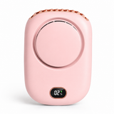 Pink portable bladeless handheld neck fan on white background