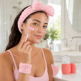 Woman using the pink jade facial roller from the cold-therapy facial kit