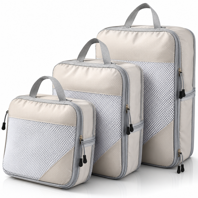 Three-piece compression packing cube set with mesh fronts and carry handles