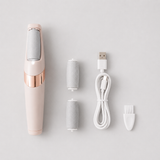 Electric callus remover kit with two roller heads, USB cable and cleaning brush
