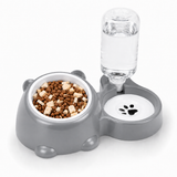 Cat-ear double pet bowl with automatic water dispenser in grey