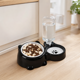 Elevated 2-in-1 tilted pet feeder filled with kibble and water in a bright kitchen corner