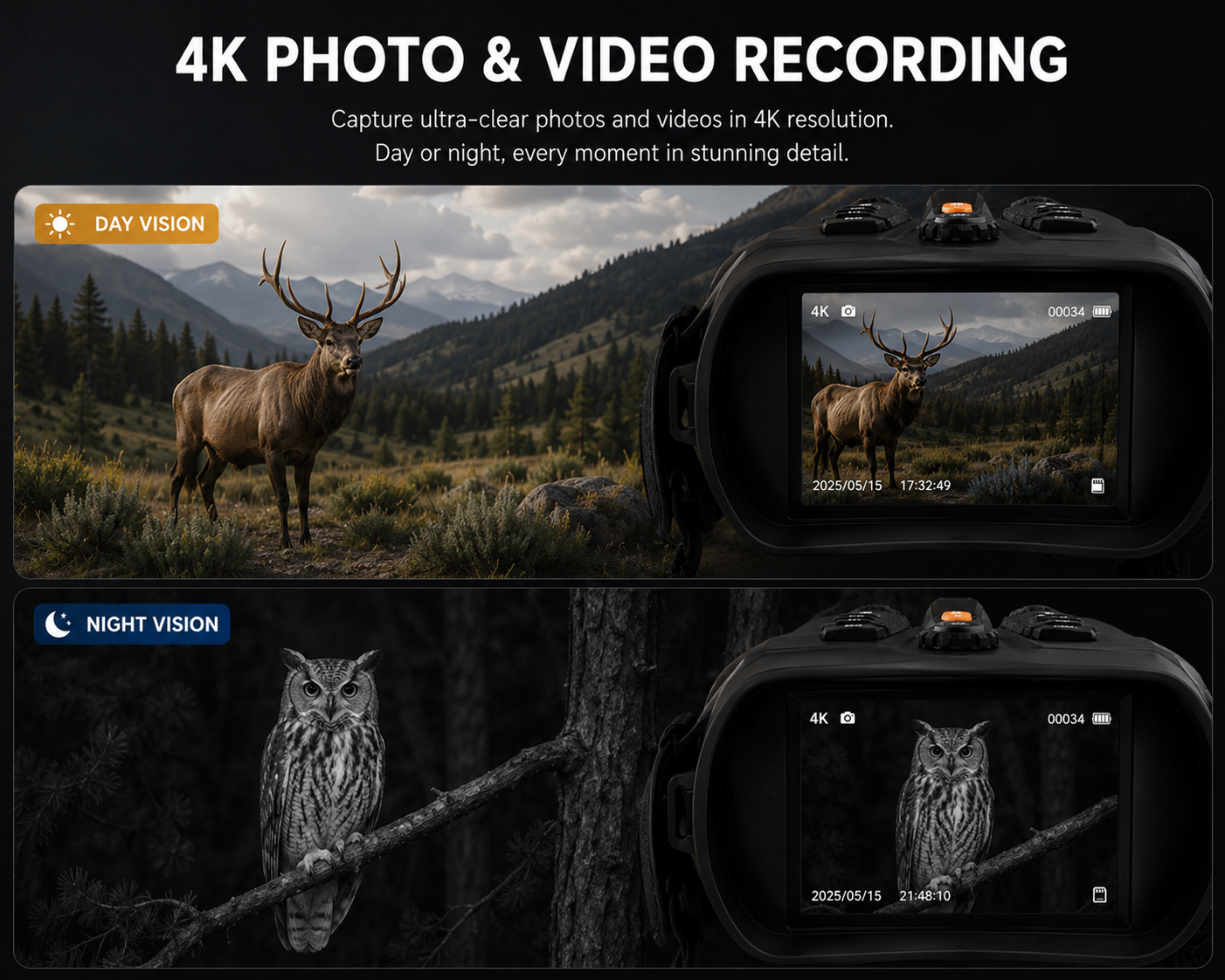 Night Vision Binoculars – 4K Digital, 800m Range, 10X Zoom
