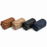Hanging toiletry bag shown in brown, beige, black and navy colour options