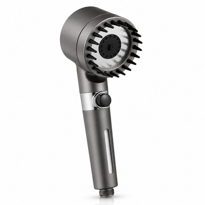 Gunmetal grey high-pressure handheld shower head with stainless spray face