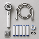 Shower head kit with hose, wall bracket, five mineral filter cartridges, tape and washers