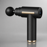 Matte black mini massage gun with gold accent stripe and LED screen, round ball head attached
