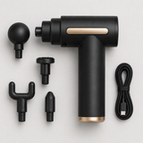 Mini massage gun with its four interchangeable massage heads and USB-C charging cable